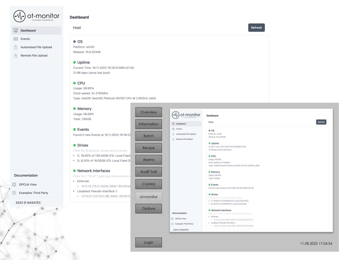 ot-monitor Dashboard mit Live-Systemwerten, CPU/Memory-Nutzung, Drives und Network Interfaces